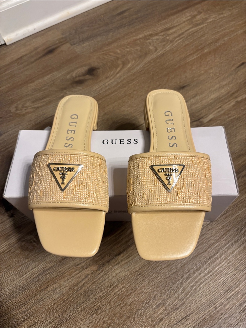 GUESS Tan Woven Logo Slide Mules